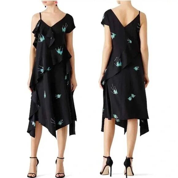 Diane von Furstenberg Black Bird Print Asymmetric Silk Jersey Ruffle Dress - Picture 1 of 12